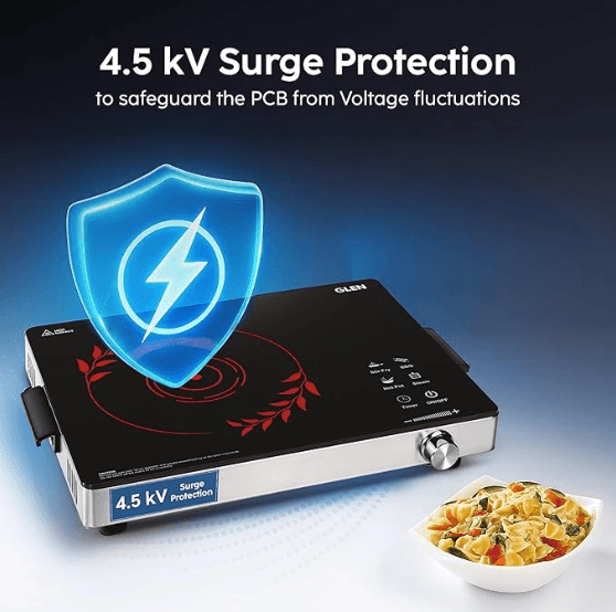 Glen 2200W Infrared Cooktop Stove with Grill Rack for Barbecue, Touch Control, Crystal Glass Plate, Digital Display, 4 Modes, Timer, Surge Protection, for Induction & Flat Bottom Utensils | Sambhavnath Steel, Ahmedabad