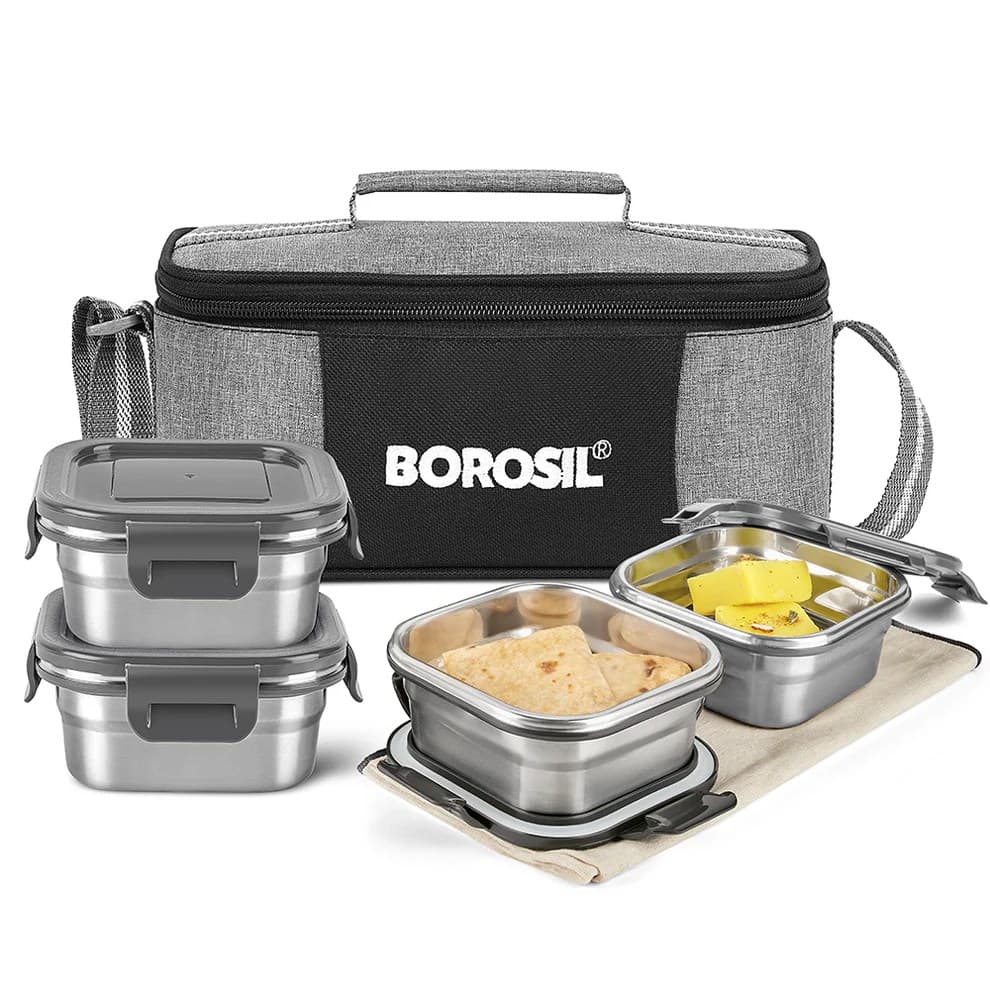 Borosil Feast Stainless Steel 4-Container Tiffin Set — Leak-Proof | 420ml Each - Stainless Steel | Sambhavnath Steel, Ahmedabad
