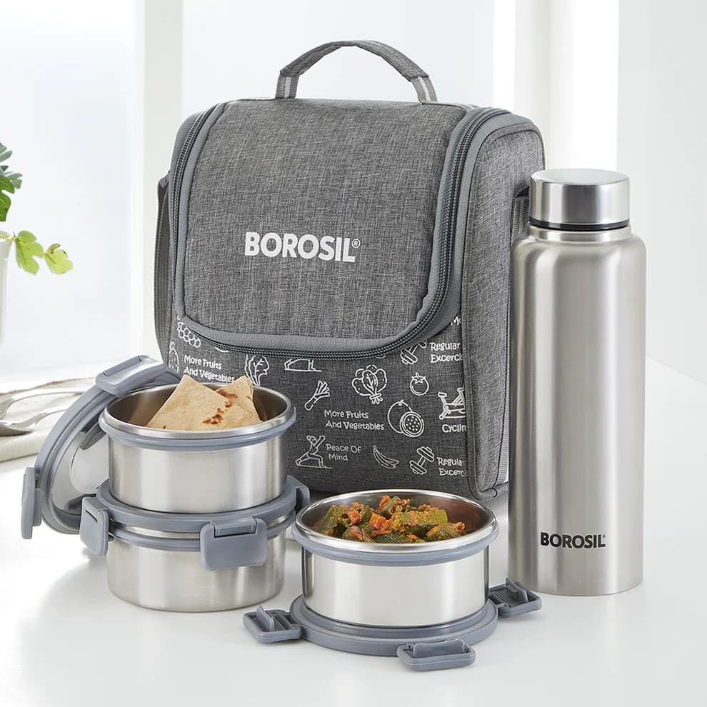 Borosil Slate Round Stainless Steel Lunchbox with Bottle — 3 Containers + Bottle - Stainless Steel | Sambhavnath Steel, Ahmedabad