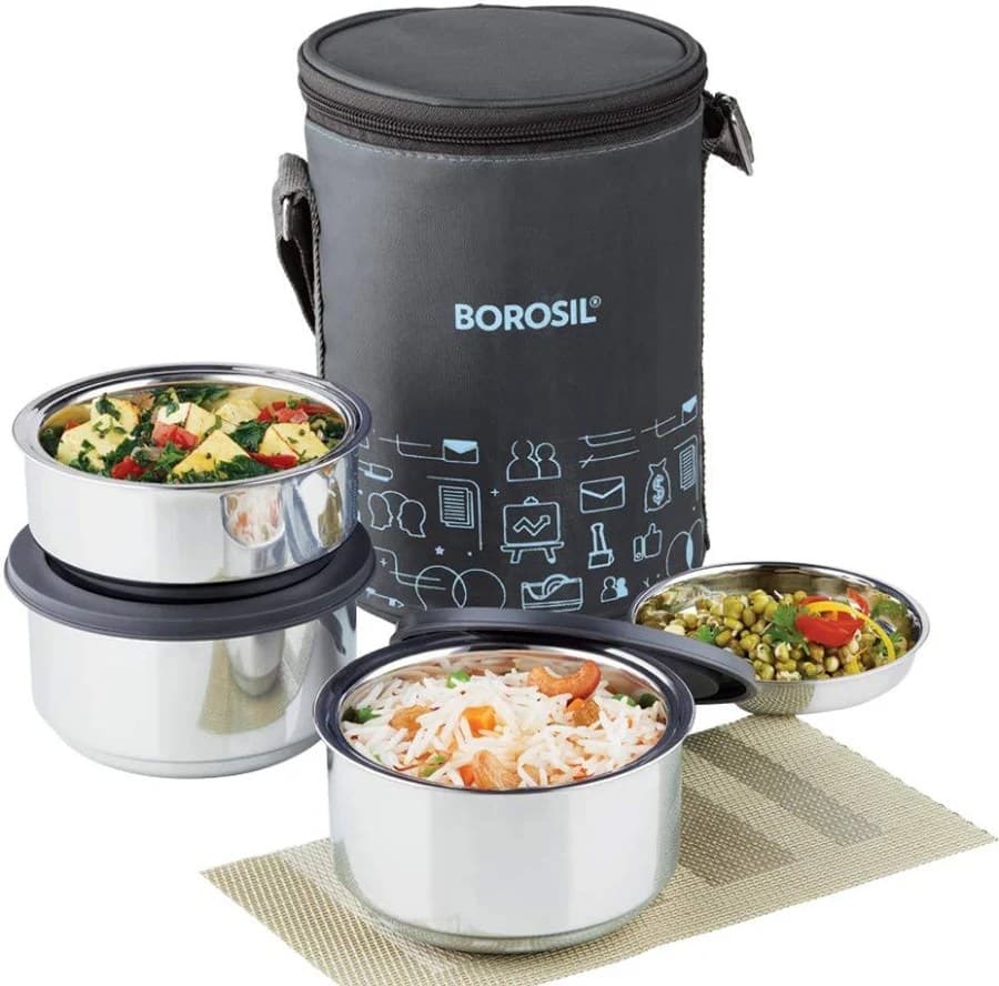 Borosil CarryFresh Round Stainless Steel Lunchbox — Insulated | 3 Containers - Stainless Steel | Sambhavnath Steel, Ahmedabad