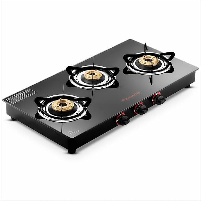 Butterfly Rapid 3 Burner Glass Top Gas Stove — Auto Ignition | Brass Burners | Black - Appliances | Sambhavnath Steel, Ahmedabad