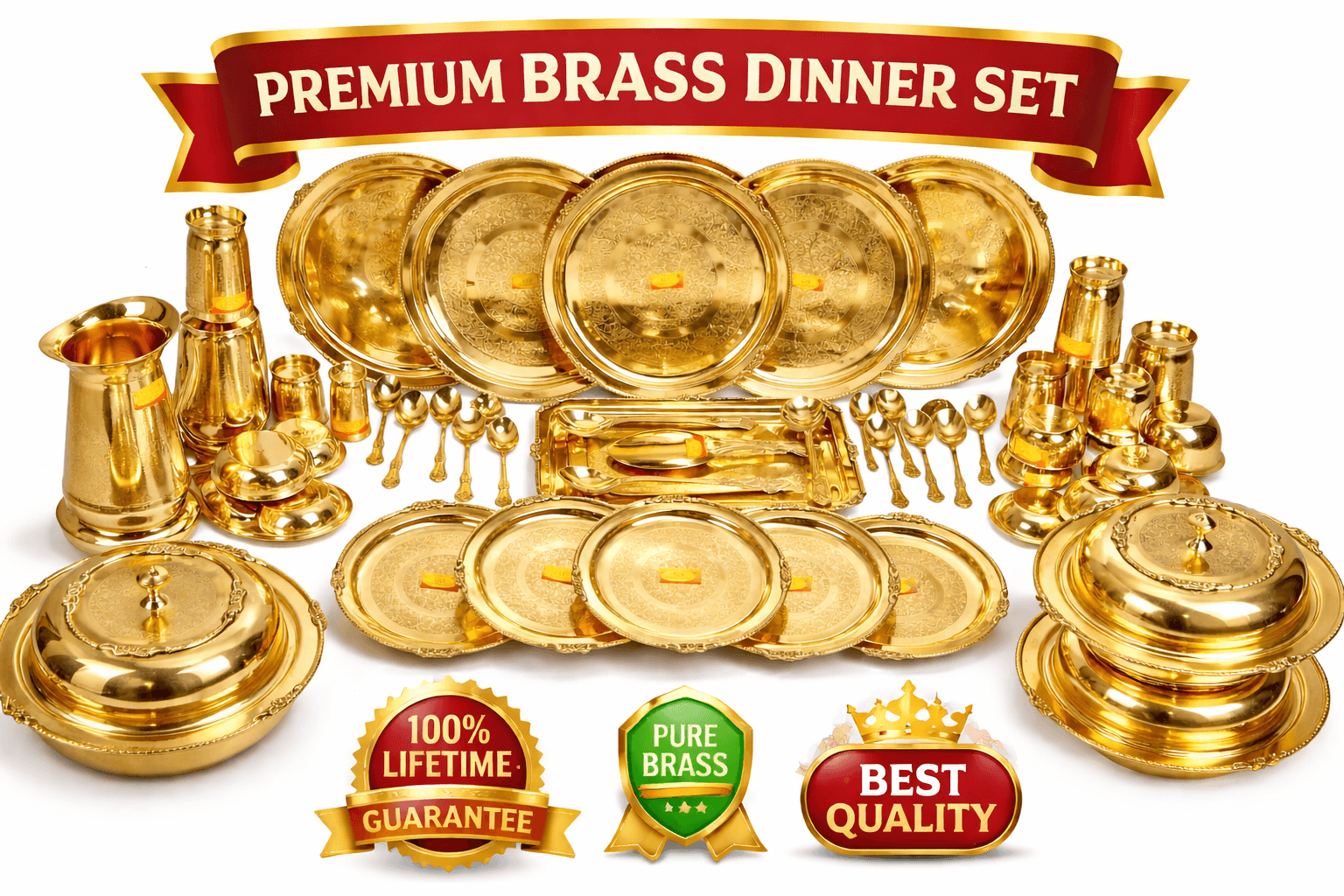 Brass 51 Pieces Full Family Dinner Set — Engraved Gold Pital Thali Set - Brass | Sambhavnath Steel, Ahmedabad